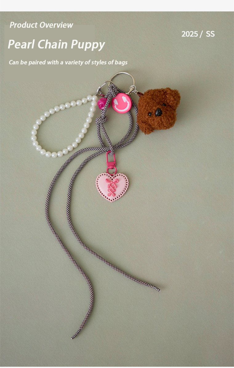 JACD Sweet & Cool Brown Dog Plush Keychain with Pearl Chain – Cute Fluffy Dog Charm & Key Holder Gift
