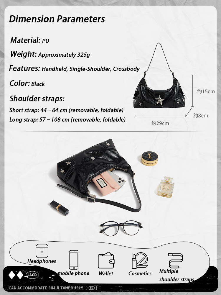 Black Punk Motorcycle Shoulder Bag – Edgy Y2K Baguette Crossbody for Women | JACD 2025 Collection