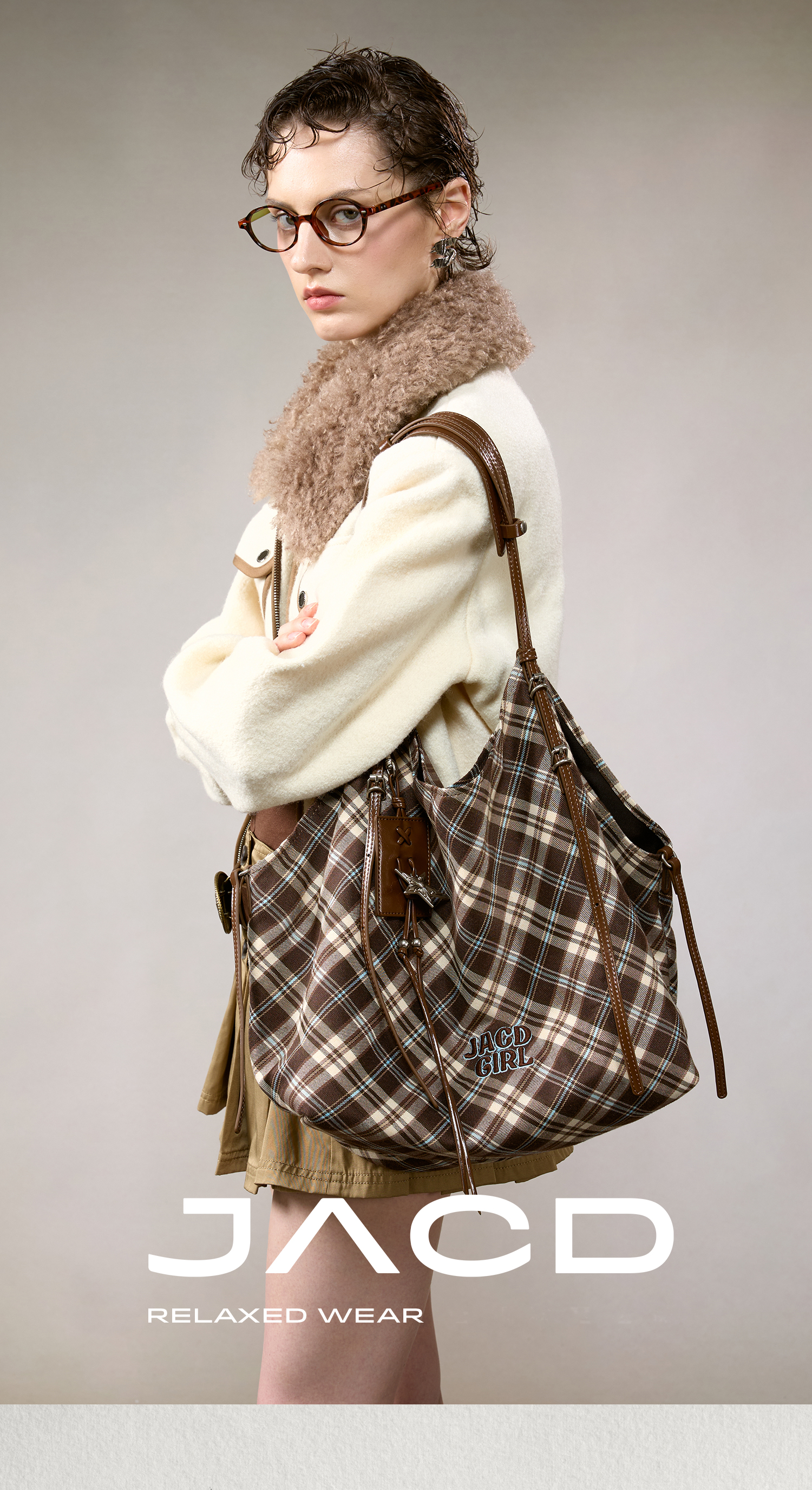 JACD Soft Plaid Shoulder Tote – Refined Comfort for the Modern Commuter
