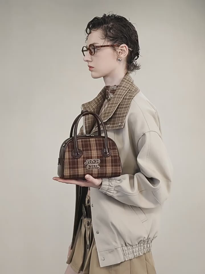 Load video: JACD Retro Chic Bowling Bag – Classic Plaid Boston Pillow Bag for Women