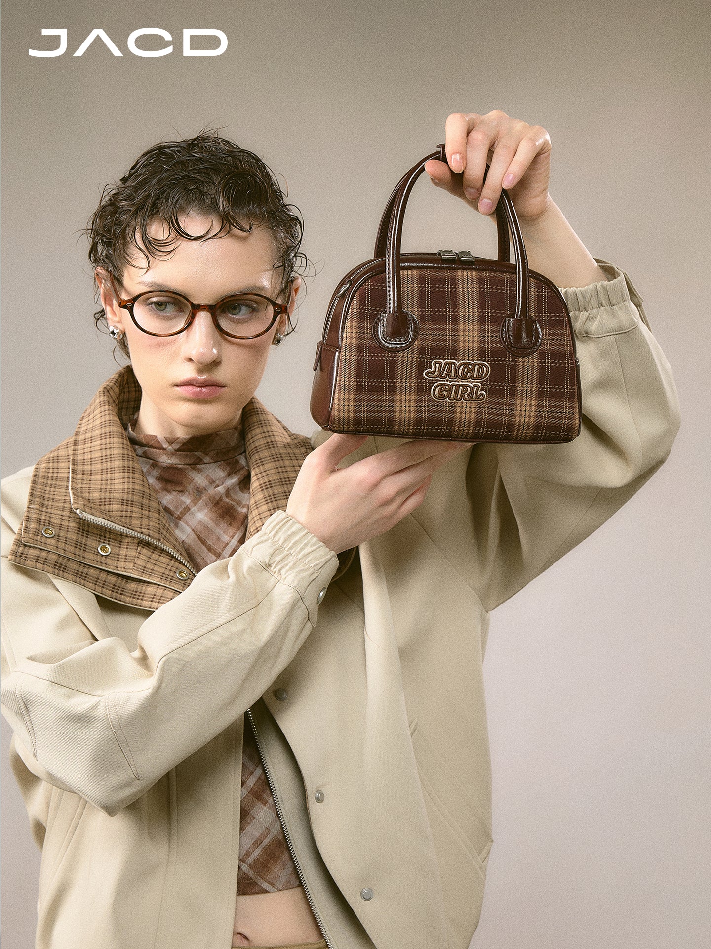 JACD Retro Chic Bowling Bag – Classic Plaid Boston Pillow Bag for Women