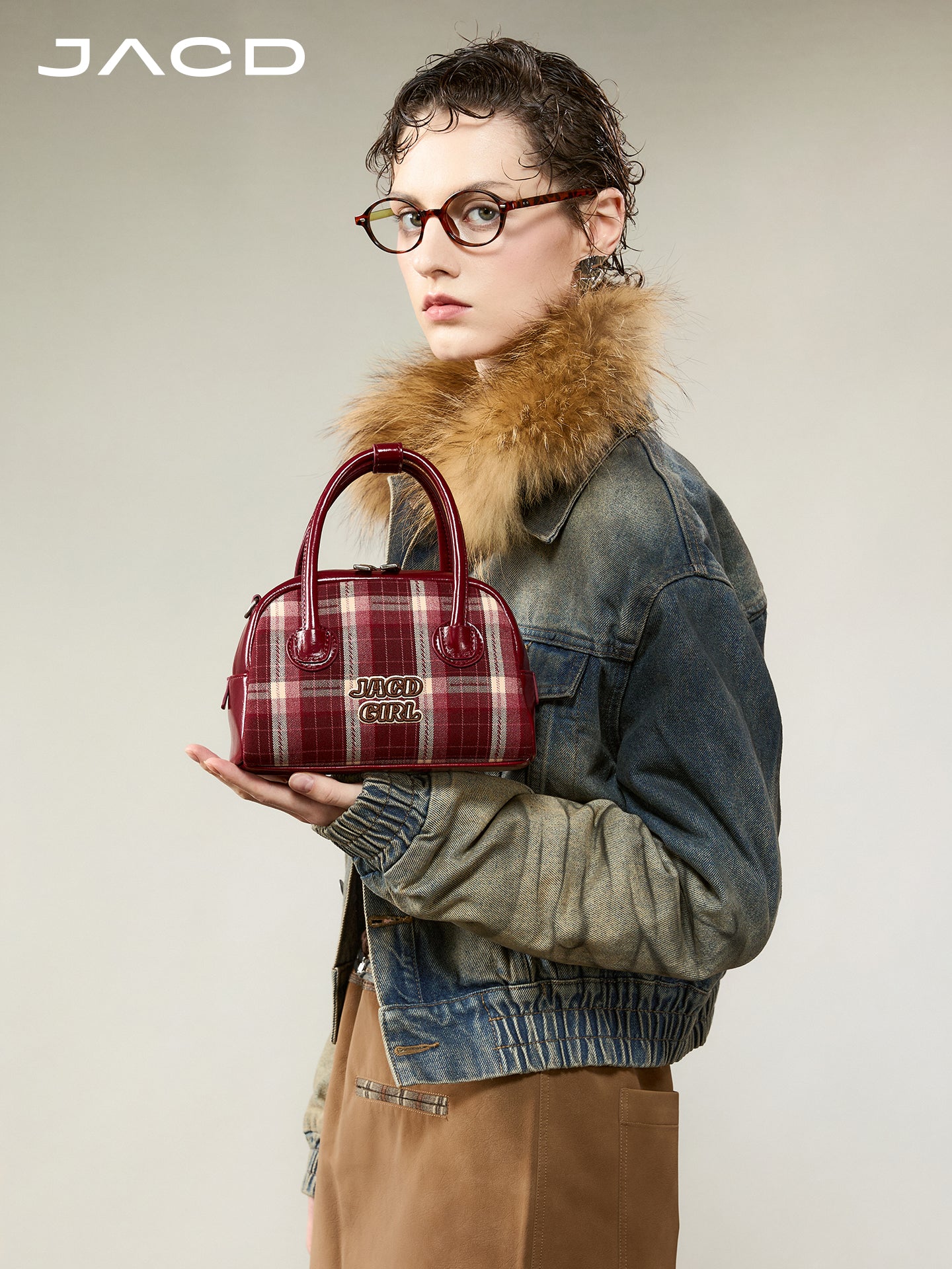 JACD Vintage Plaid Boston Bag – 2025 Autumn/Winter Designer Top-Handle & Crossbody Purse
