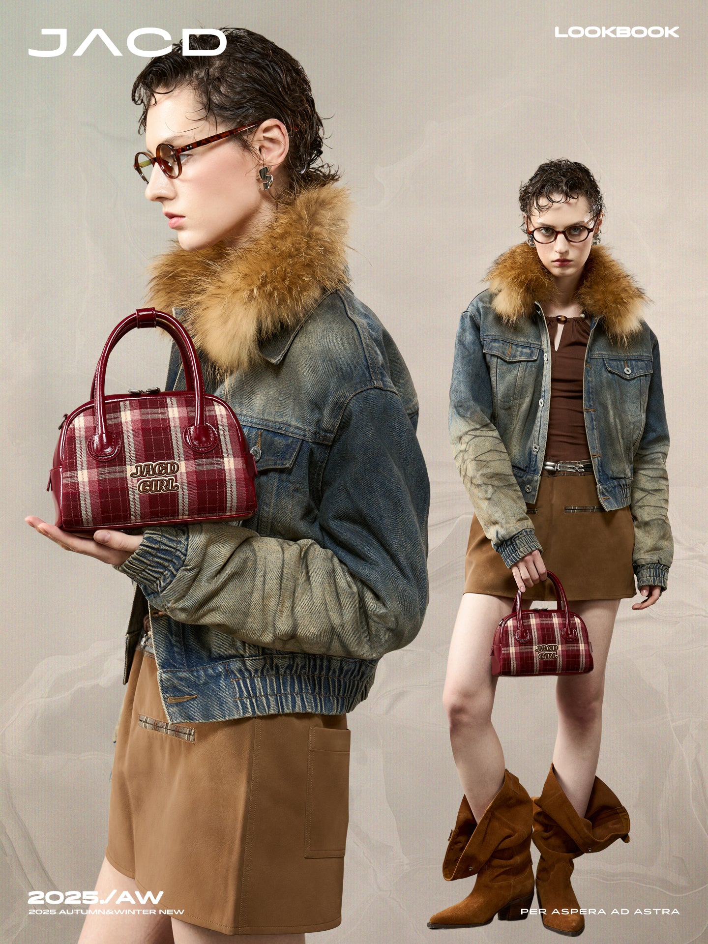 JACD Vintage Plaid Boston Bag – 2025 Autumn/Winter Designer Top-Handle & Crossbody Purse