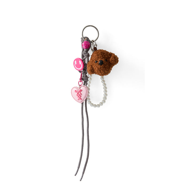 JACD Sweet & Cool Brown Dog Plush Keychain with Pearl Chain – Cute Fluffy Dog Charm & Key Holder Gift