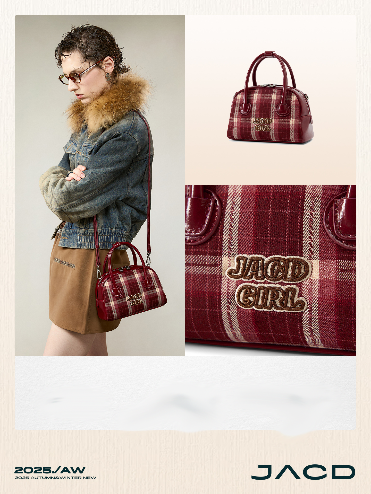 JACD Vintage Plaid Boston Bag – 2025 Autumn/Winter Designer Top-Handle & Crossbody Purse