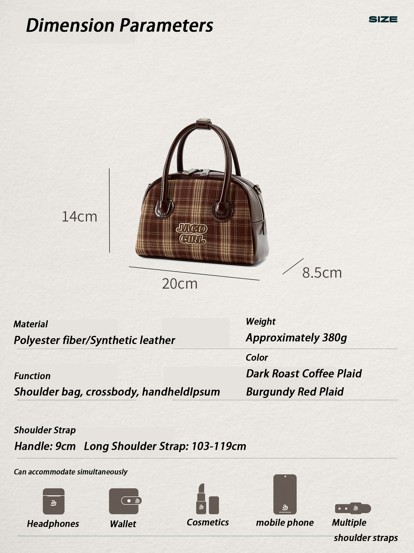 JACD Retro Chic Bowling Bag – Classic Plaid Boston Pillow Bag for Women