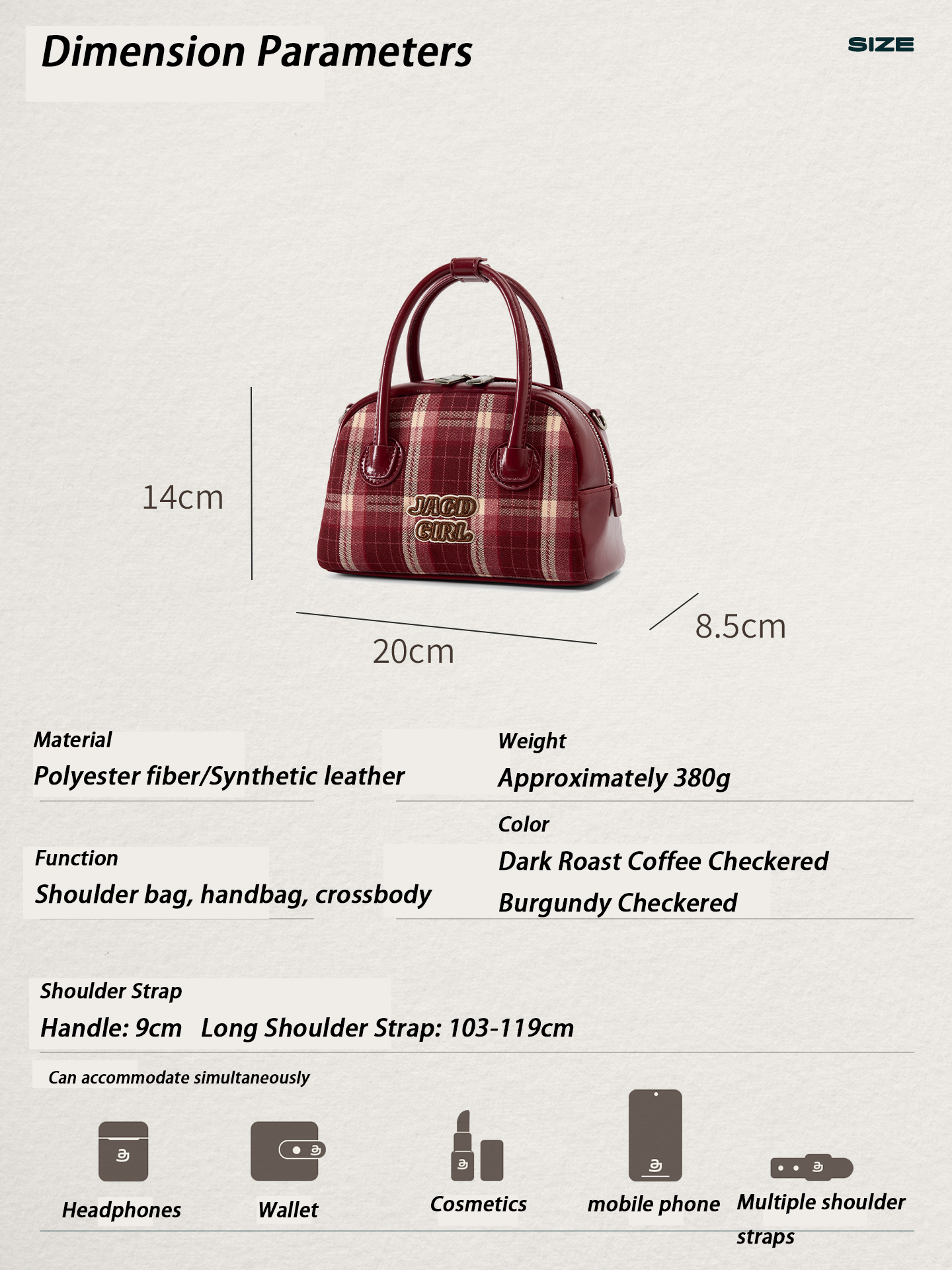 JACD Vintage Plaid Boston Bag – 2025 Autumn/Winter Designer Top-Handle & Crossbody Purse