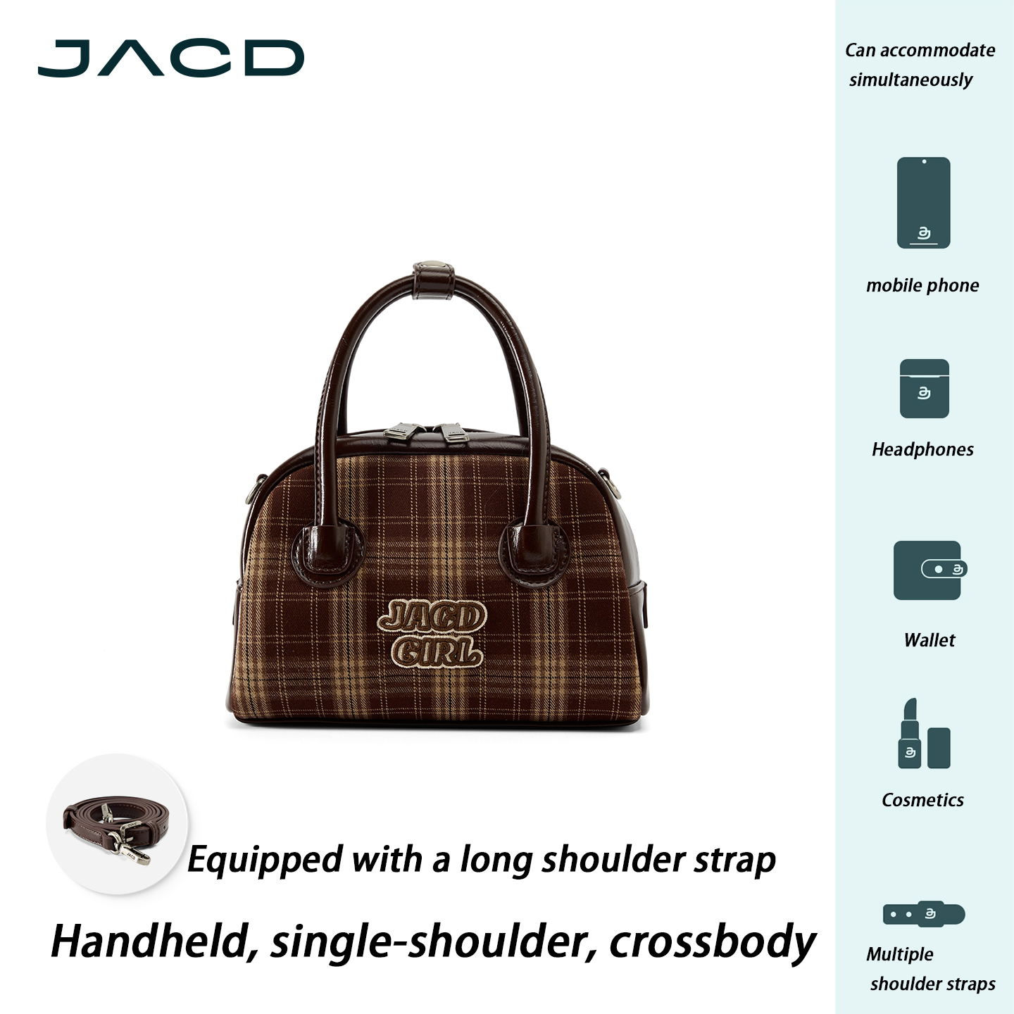 JACD Retro Chic Bowling Bag – Classic Plaid Boston Pillow Bag for Women