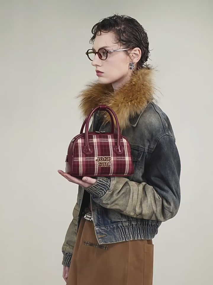 Load video: JACD Vintage Plaid Boston Bag – 2025 Autumn/Winter Designer Top-Handle &amp; Crossbody Purse